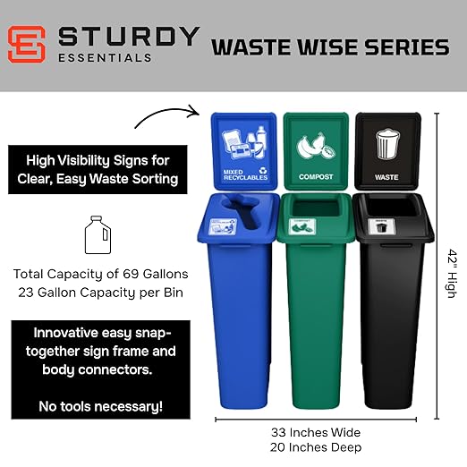 Waste Wise 69 Gallon Recycled HDPE Waste and Recycling Center for Commercial Spaces for Organics, Cans, Waste with Lids with Signs