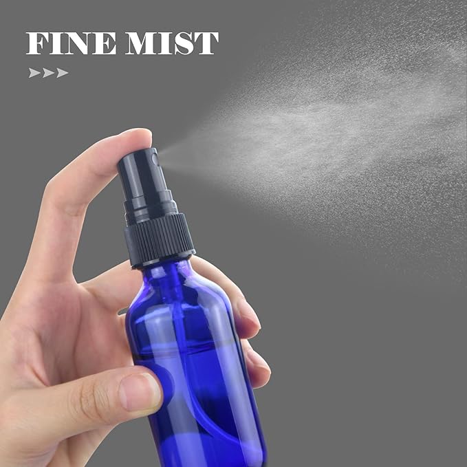 Wedama Glass Spray Bottles, Mini Spray Bottles 2 oz, Empty Small Spray Bottles with Funnel Dropper, Fine Mist for Hair, Travel, Plants, Cleaning Solutions and Skin Care (4 Pack Blue)