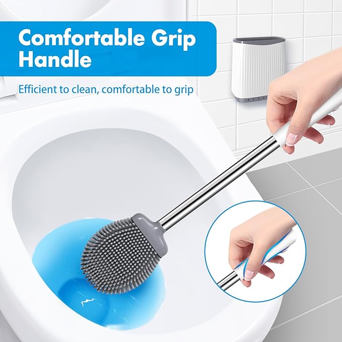 Toilet Brush, 2 Pack Silicone Toilet Brush and Holder, Flexible Toilet Bowl Brush Head with Ventilated Holder, Wall Mounted Compact Toilet Scrubber Set for Bathroom Cleaning (White)
