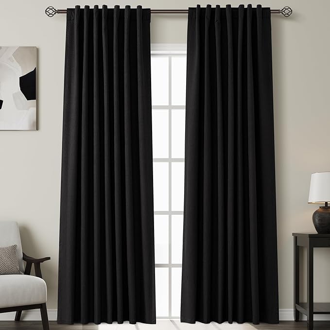 Black Linen Blackout Curtains 84 Inches for Bedroom Pinch Pleated Modern Farmhouse Living Room Draperies 84 Length Thermal Insulated Full Shading Black Curtains With White Backing for Sliding Door