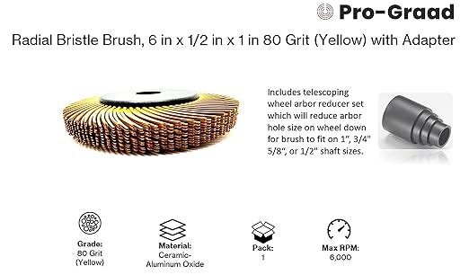 Radial Bristle Brush, 6 in x 1/2 in x 1 in, 80 Grit (Yellow) Type C Curved Bristles, 1 Pack