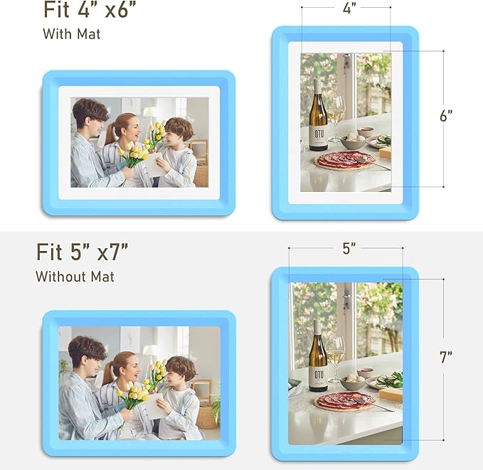 4-Pack 5x7 Picture Frame or 4x6 with Mat – Shatterproof Plastic Photo Frame for Family, Nursery, and Playroom, Wall & Tabletop Picture Frames for Home, Office, Safe & Lightweight Design in Sky Blue