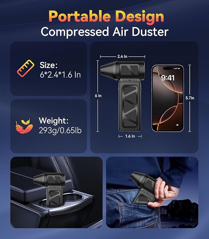Compressed Air Duster, 360000 RPM Electric Air Duster, Rechargeable Cordless Air Blower Power Turbo Fan,5 Gears Adjustable Jet Dry Blower Replace Air Can for Keyboard Computer Car Outdoor Home