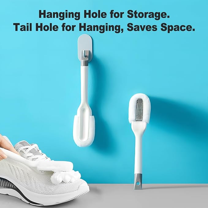 Soft Bristle Shoe Brush for Sneakers & Boots - Long Handle Ergonomic Scrubber with Hanging Hook, Gentle Cleaner for Leather, White Soles and Mesh Shoes