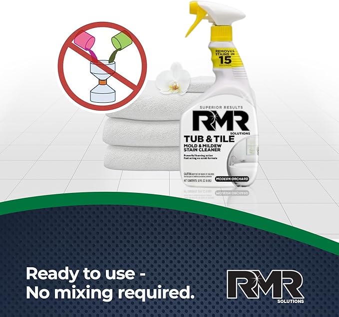 RMR - Tub and Tile Cleaner, Mold & Mildew Stain Remover, Industrial-Strength, No-Scrub Foam Cleaner, Modern Orchard Scent, 32 Fl Oz
