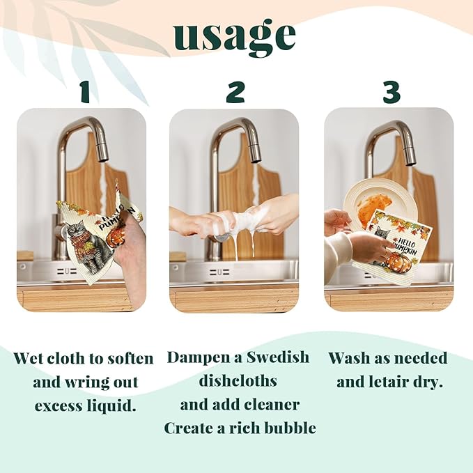 Fall Cat Swedish Dishcloths for Kitchen Cloths Towels, Cute Cat Vintage Autumn Pumpkin Maple Leaves Gifts Set 4 Pack Dish Cloths for Kitchen, Papaya Reusable Cleaning Paper Towels Washable