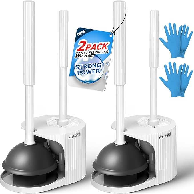 2Pack 2 in 1 Toilet Brush and Plunger Set, Extended Handle Plunger，Toilet Bowl Brush Plunger Set,Bathroom Cleaning Tools ，Toilet Brush Plunger Combo，Cleaning Brush，Cleaning Supplies(White)