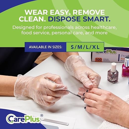 CARE PLUS Vinyl Gloves Clear Small Size 100 Count | Heavy Duty, Non-Sterile, Powder-Free, Latex-Free Rubber | Food Prep, Kitchen & Cleaning Gloves, Ideal for Professional Use