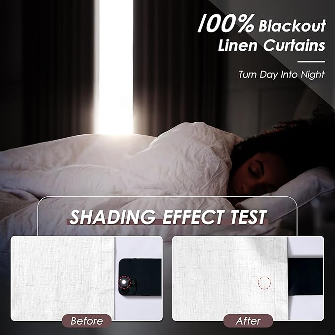 100% Blackout Linen Curtains 90 inch Length 1 Panel for Living Room Loop Pocket Pinch Pleated Black Out Drapes Cream Colored Heat Reducing Total Blackout Window Curtains for Bedroom 60x90