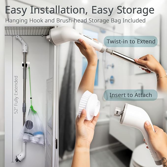 Evaclean Essentials Electric Spin Scrubber - Bathroom Cleaning Brush for Shower, Tub, Home, Up to 400rpm Power, Cordless, 90-Min Runtime, LED Indicator, 7 Brush Heads, 2 Speeds, Ergonomic Long Handle