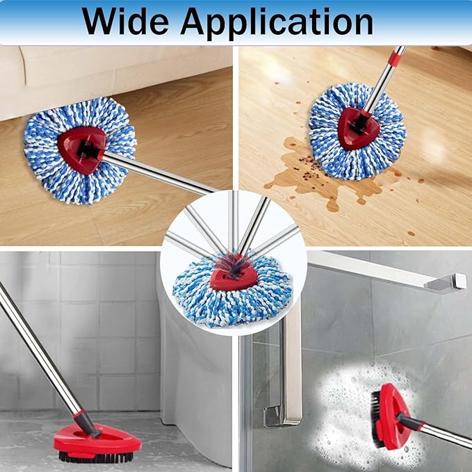 Spin Mop Replace Heads for O Cedar Rinse Clean 2 Tank System, Spin Mop Replacement Head 2 Microfiber Mop Refills, 1 Triangle Head Cover and 30-58in Handle 1 1Scrub Brush