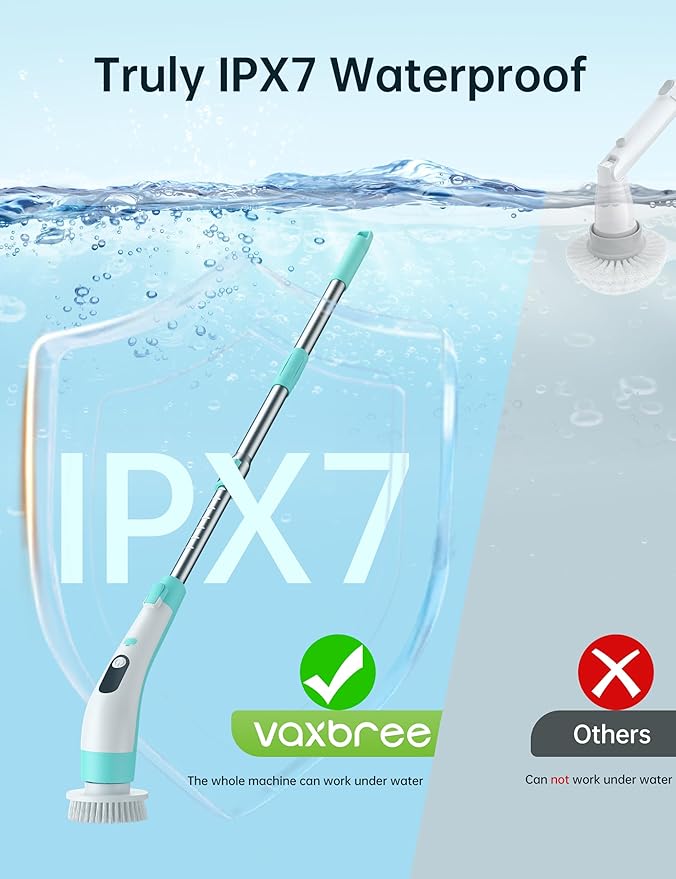 Electric Spin Scrubber with LED Display, IPX7 Waterproof Powerful Shower Scrubber, 2H Runtime, 2 Speeds, Adjustable Handle, 8 Brush Heads for Bathtub Tile Car-Green and White