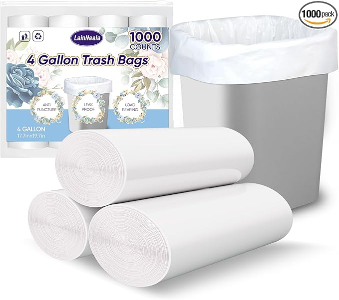 Small Trash Bags 4 Gallon, 1000 Count Small Garbage Bag Bathroom White Mini Trash Bag Trash Can Liners Unscented Garbage Bags for Bathroom Can