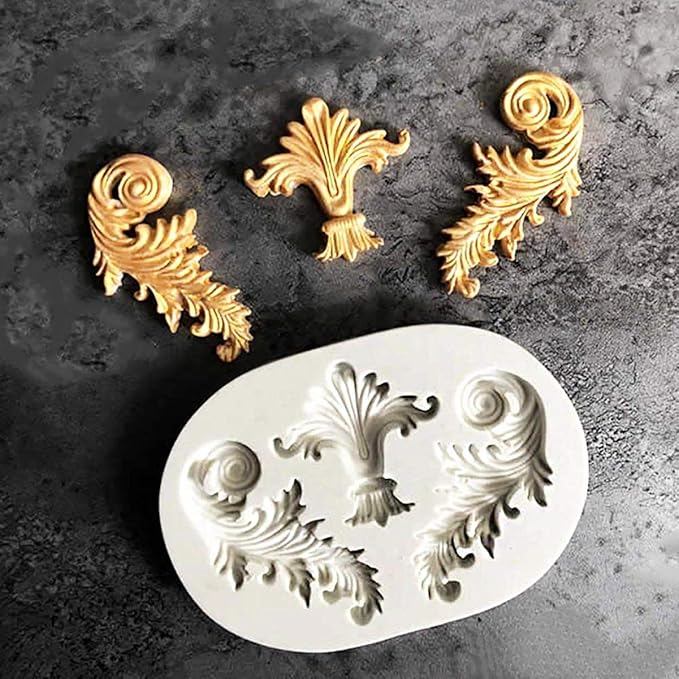 Baroque Silicone Fondant Molds, (4 Pack) Scrolls Border Feather Crown Corner Molds for Cake Decorating Polymer Clay