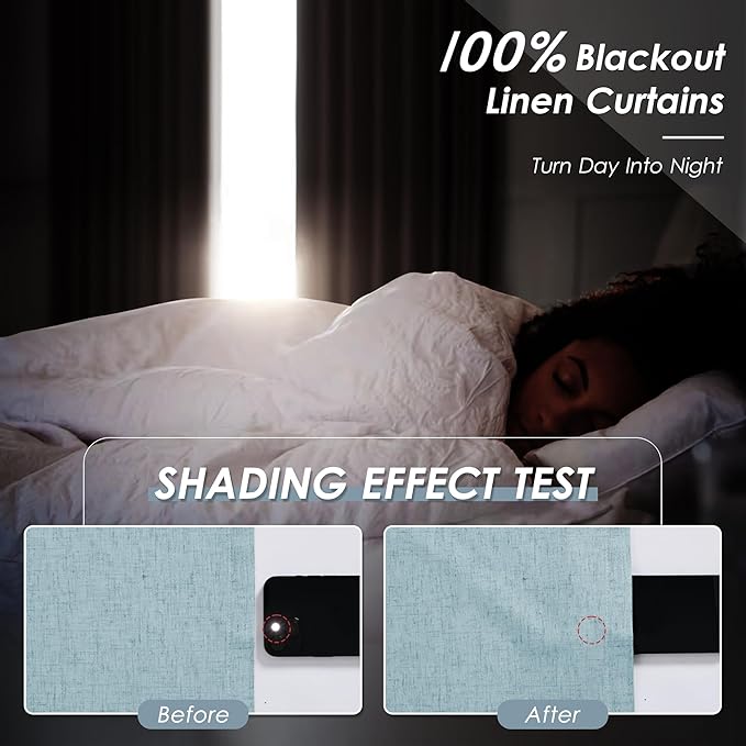 Nanspring Light Blue Linen Blackout Curtains 84 Inches for Bedroom Modern Farmhouse Living Room Draperies Cream Colored Thermal Insulated Full Shading Curtains for Sliding Door 52x84