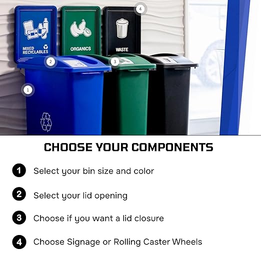 Waste Wise 69 Gallon Recycled HDPE Waste and Recycling Center for Commercial Spaces for Organics, Cans, Waste with Lids with Signs