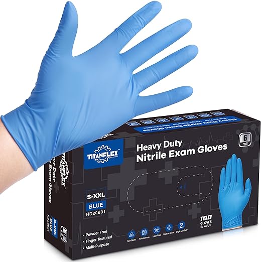 TitanFlex Nitrile Exam Gloves, Blue, 6-mil, XL, Box of 100, Heavy Duty Nitrile Gloves Disposable Latex Free, Powder Free, Medical Gloves, Cooking Gloves, Mechanic Gloves, Cleaning Gloves