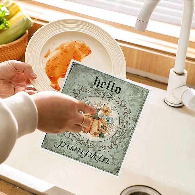 Vintage Fall Pumpkin Swedish Dishcloths for Kitchen Towels, Vintage Autumn Pumpkin Thanksgiving Farm House Gifts 4 Pack Dish Cloths for kitchen, Papaya Reusable Cleaning Paper Towels Washable