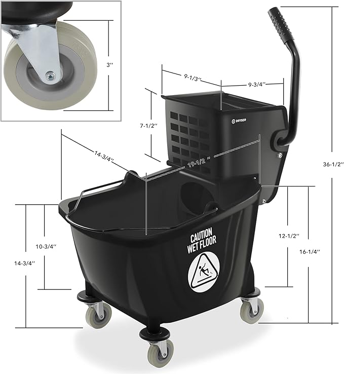 Dryser Commercial Side Press Wringer Combo Mop Bucket, 33 Quart, Black