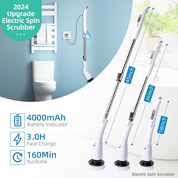 Electric Spin Scrubber,2025 Electric Scrubber for Cleaning,Power Scrubber with Adjustable Long Handle,3 Spin Speeds,Power Scrubber,Shower Cleaning Brush,White