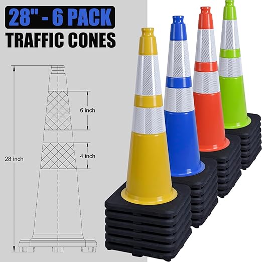 Fluorescent Orange/Green PVC Traffic Cones, Heavy Black Base Parking Lot Cone Structurally Stable Weatherproof Road Construction Safety Cones (8, Blue, 28" Large)