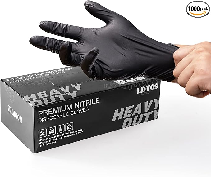LANON 6-mil Black Nitrile Disposable Gloves, Food-Safe, Powder-Free, Heavy-Duty, Textured Fingertips, Latex-Free, Medium