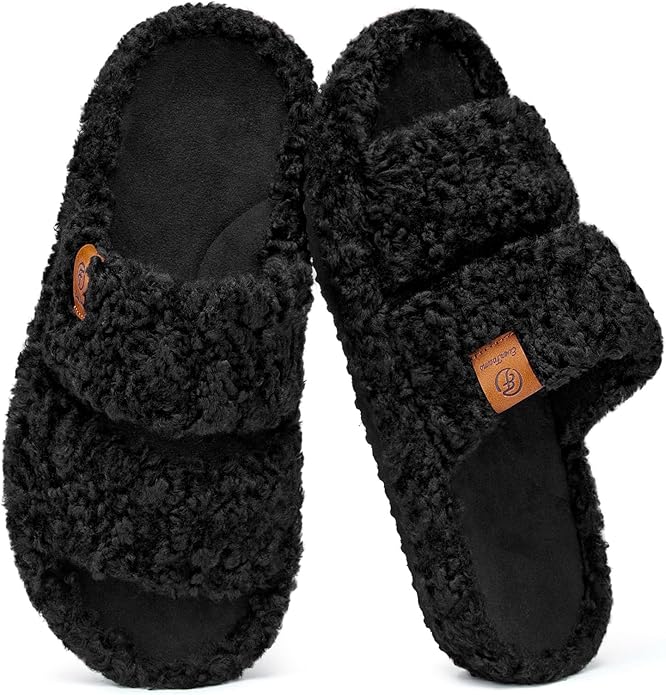 EverFoams Womens Fuzzy Open-toe Slippers Soft Comfy Memory Foam Indoor House Shoes