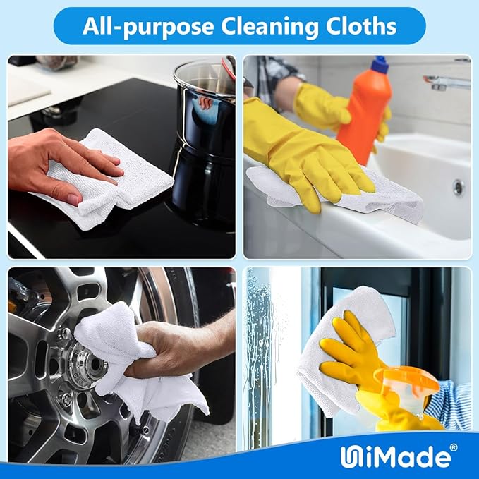 Shop Towel Rag, 200 Pack Reusable Rags Bulk Microfiber Cleaning Cloth Lint Free Towels for Car Kitchen Automotive Bar Mechanic Restaurant Garage, 11.5"x 11.5", White