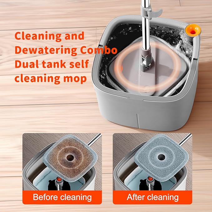 Spin Mop and Bucket Set with Self Separation System 360° Spinning Self-Wringing, Square Clean Mop and Bucket with Wringer-with Replaceable Mop (Light Grey Mop and Bucket Set 14pads)