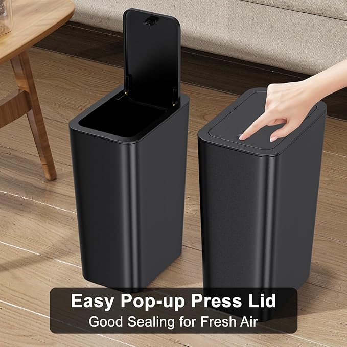 N. NETDOT 3 Pack 3 Gallon Small Trash Can with Lid, Bathroom Garbage Can with Pop-Up Lid, Waste Basket for Bathroom, Kitchen, Bedroom, Powder Room, Craft Room, Office, College (Black)