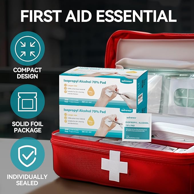 Winner Alcohol Prep Pads, 200 Count Alcohol Wipes Individually Wrapped, 70% Isopropyl, Medical Grade 4 Ply Swabs, Essential for First Aid, Home and Laboratories