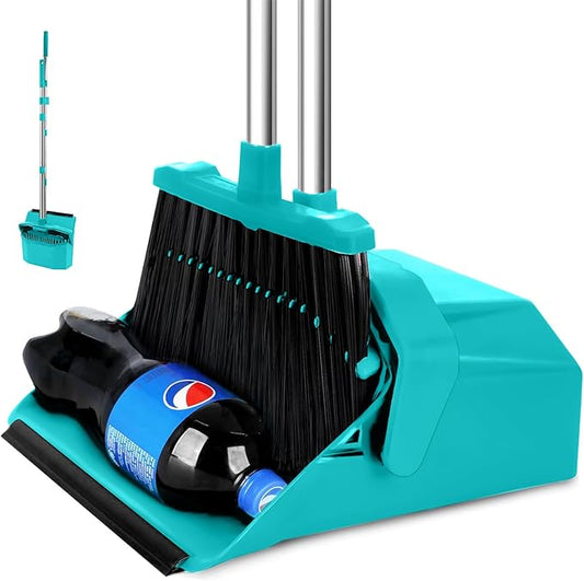 Upgrade Broom with Dustpan Combo Set, Broom and Dustpan Set with 51'' Long Handle, Large Upright Brooms and Dust Pans, ZeroGap Lip, Self-Cleaning Dustpan Teeth for Lobby and Restaurant - Blue
