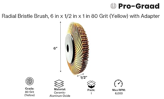 Radial Bristle Brush, 6 in x 1/2 in x 1 in, 80 Grit (Yellow) Type C Curved Bristles, 1 Pack