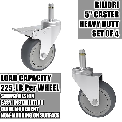 5-Inch Swivel Stem Caster, 7/16-Inch Stem Diameter Rubber Wheel, Heavy Duty TPR Thermoplastic Rubber Replacement Wheels, 225-lb per Wheel- 4 Pack(2 Brakes 2 Swivel)