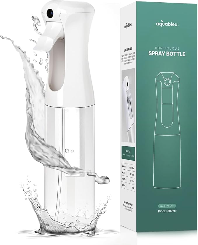 Aquableu Spray Bottle for Hair – Continuous Mist Spray Bottle for Hair Care, Styling, Cleaning, Plants, Pets & Essential Oils (White, 10oz)