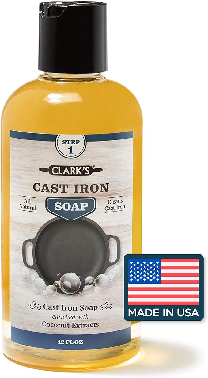 CLARK'S Cast Iron Cleaner 12 oz, Made in USA, Plant Based Coconut Cast Iron Soap for Skillets, Griddles Etc. - Protects, and Restores Cookware