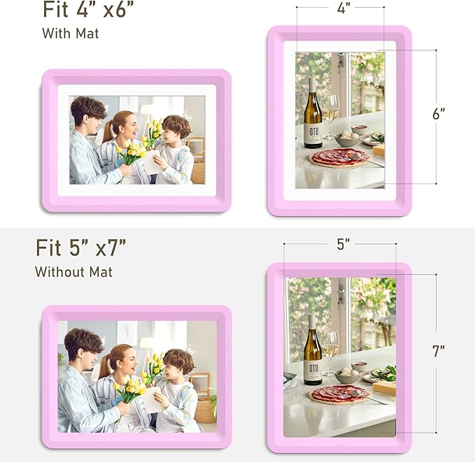 2-Pack 5x7 Picture Frame or 4x6 with Mat – Shatterproof Plastic Picture Frames for Family, Nursery & Playroom, Wall & Tabletop Frame for Home or Office, Safe Lightweight Design, Dreamy Pink