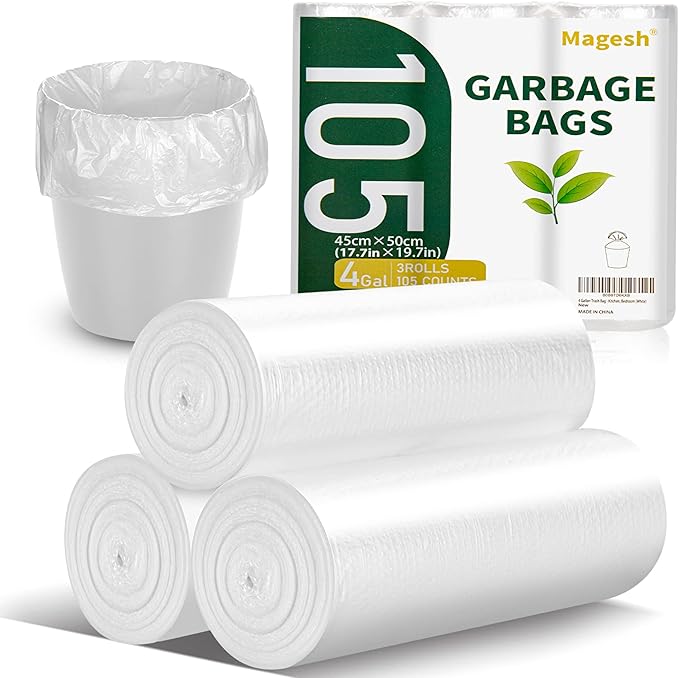 Magesh 4 Gallon Trash Bag Strong, Leakage-Free, Small Garbage Bags Unscented Thick for Bathroom, Office, Kitchen Small Trash Can, 15L, 105 Bags, Clear