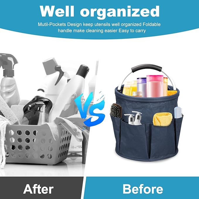 Cleaning Caddy with Handle, 17L Cleaning Supply Caddy Foldable Bucket Organizer Cleaning Products Organizers Cleaning Tools Bag 4.5 Gallon(Navy blue)