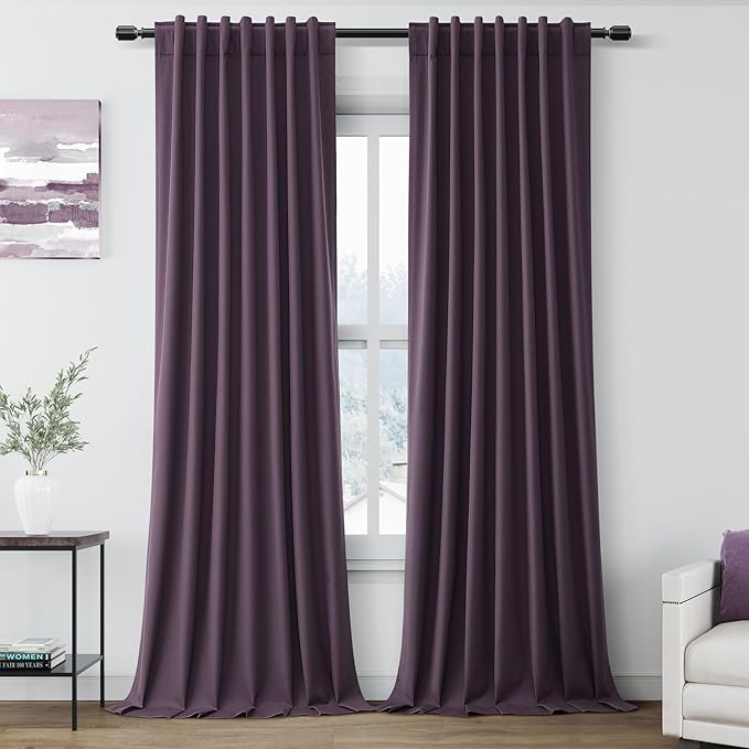 Plum Linen Curtains 120 Inches Long Back Tab Rod Pocket Thermal Insulated Extra Long 10 FT Sound Absorbing Blackout 2 Panels Set for Dining Room Modern Urban Curtains Drapes 52x120