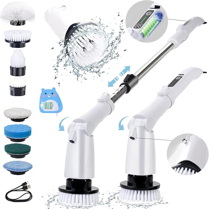 Electric Spin Scrubber,2025 Electric Scrubber for Cleaning,Power Scrubber with Adjustable Long Handle,3 Spin Speeds,Power Scrubber,Shower Cleaning Brush,White