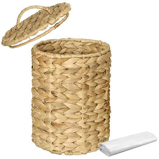 Boho Wicker Trash Can with Lid,Bathroom Trash Can with Trash Bags Hand Woven Water Hyacinth Trash Basket for Kitchen Bedroom Office