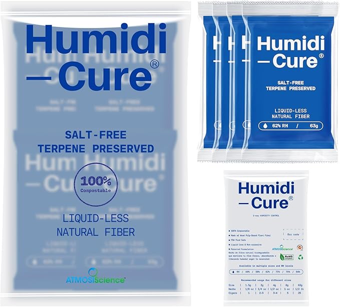 Humidi-Cure 62% RH 2-Way Humidity Packs, Each for Storing 1/2 LB Herbs, Preserving Aroma and Flavor with Liquidless Plant-Fiber, Salt-Free, Humidity Packs with Individual Sealed Bag (Size 63g, 4 Pack)