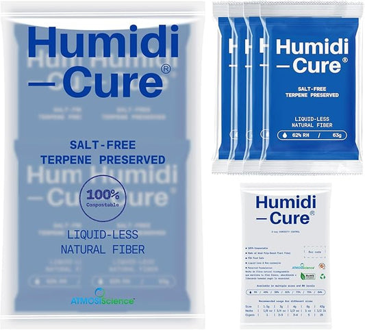 Humidi-Cure 62% RH 2-Way Humidity Packs, Each for Storing 1/2 LB Herbs, Preserving Aroma and Flavor with Liquidless Plant-Fiber, Salt-Free, Humidity Packs with Individual Sealed Bag (Size 63g, 4 Pack)