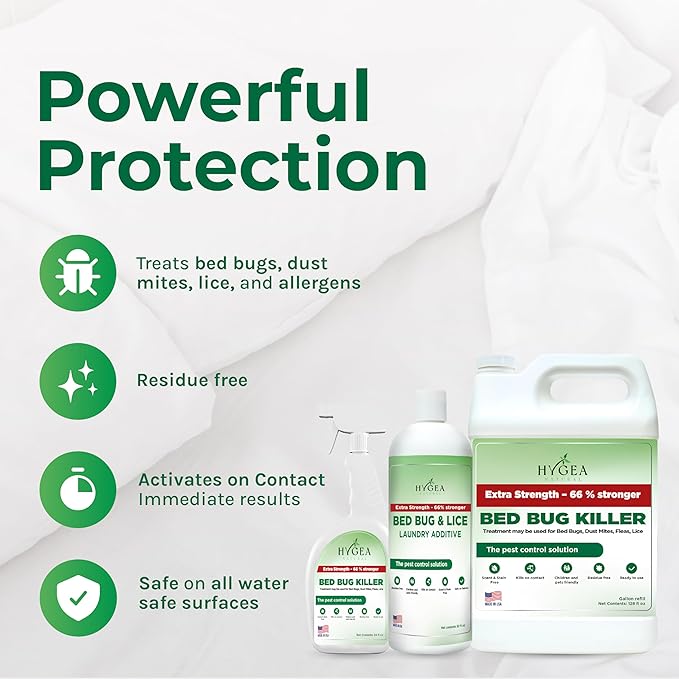 Hygea Natural Extra Strength Bed Bug & Lice Elimination Trio - Includes Extra Strength 24 oz Lice & Bed Bug Spray, 32 oz Lice & Bed Bug Laundry Additive, & 128 oz Spray Refill