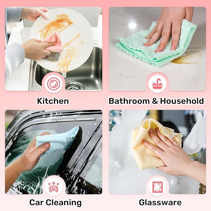 Microfiber Cleaning Cloths Roll, 75 Pack Tear Away Microfiber Towels Roll, 12" x 12" Lint Free Rags, Reusable Cleaning Cloths, Washable, Scratch Free,Ultra Absorbent Dish Rags(Pink Ripple)