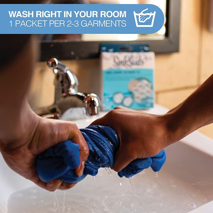 SinkSuds Laundry Detergent Travel Size Liquid Soap TSA Compliant Safe for All Fabrics 12 Packets & 2 Sink Stoppers