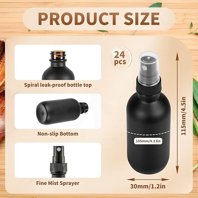 BILLIONSTARS 24 Pack 2oz Glass Boston Round Bottle with Fine Mist Sprayer - Black Frosted - Essential Oils, Bath, Beauty, Hair & Cleaning - Leakproof Travel Bottles