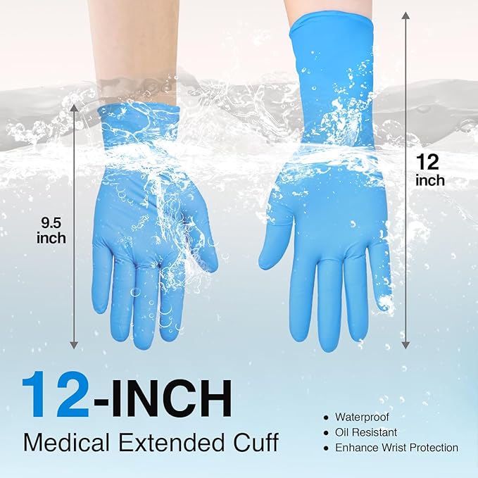 Schneider Nitrile Exam Gloves, Extended 12 Inches Cuff, X-Large, 50-ct Box, 4 mil, Gloves Disposable Latex Free, Powder Free for Medical, Food Prep, Cleaning, Cooking, Blue