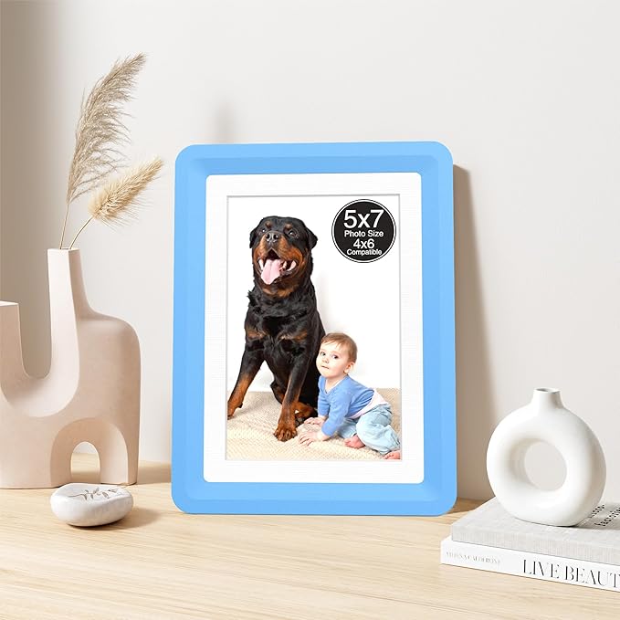 4-Pack 5x7 Picture Frame or 4x6 with Mat – Shatterproof Plastic Photo Frame for Family, Nursery, and Playroom, Wall & Tabletop Picture Frames for Home, Office, Safe & Lightweight Design in Sky Blue